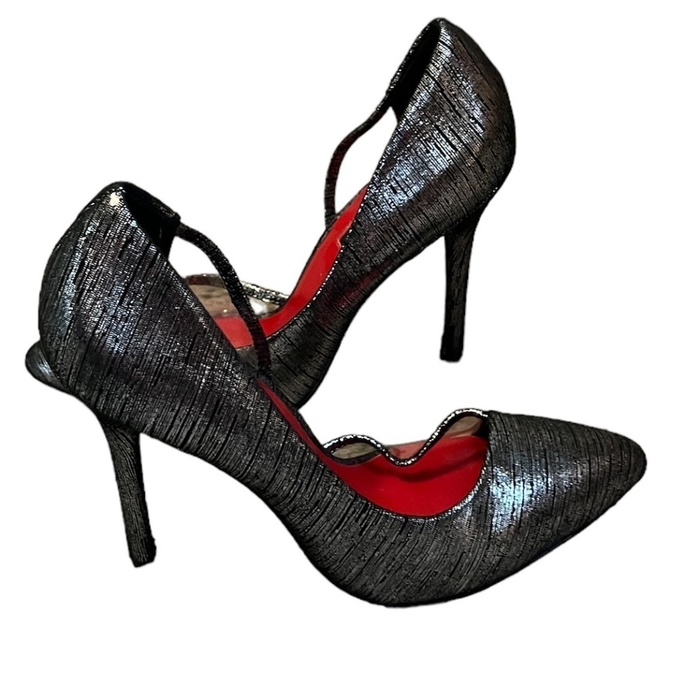 Charles Jourdon Paris Dressy Fabric Silver Black Heels W/ Plastic Detail SZ 7M